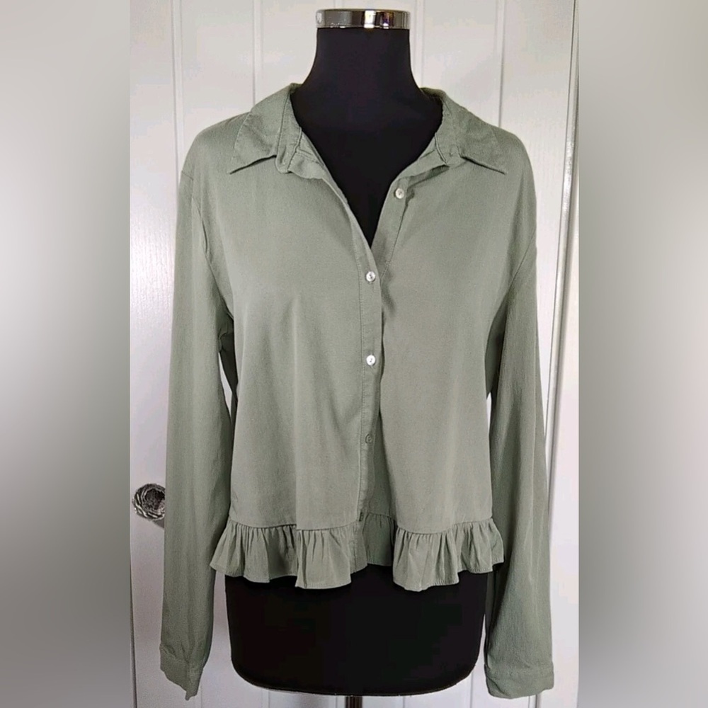 Zara Button Down Sage Green Frill Blouse